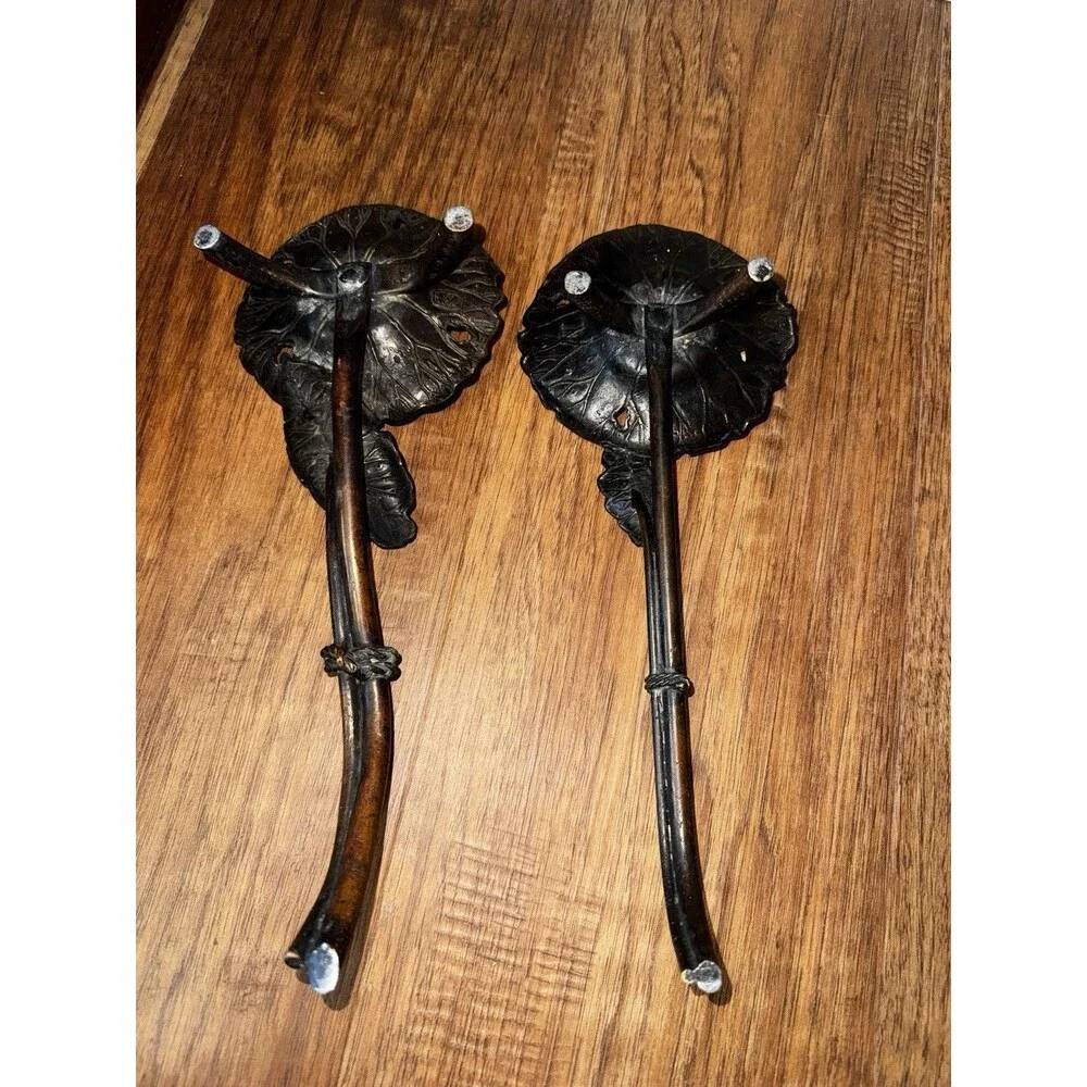 Bronze Meiji period lotus/lilypad Candle Holder, Pair (2) stamped